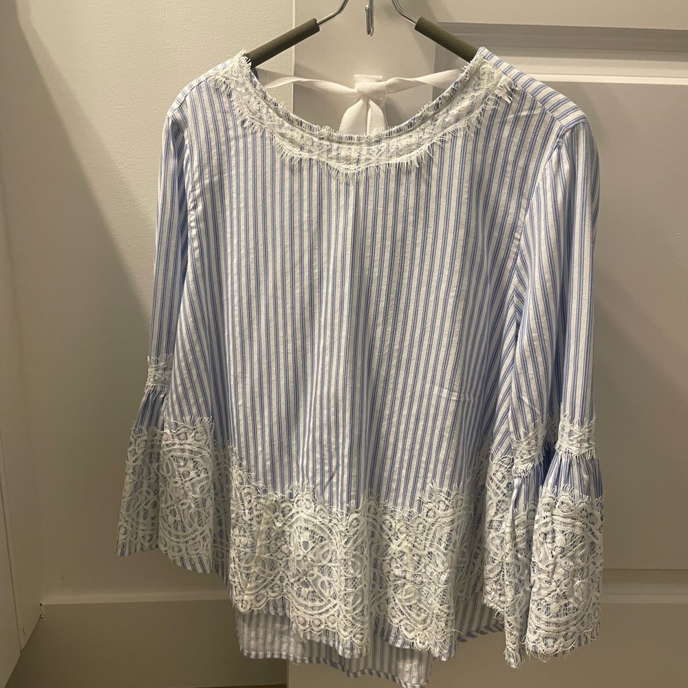 Zara Blue and White Striped Lace-Trim Tie-Back Blouse